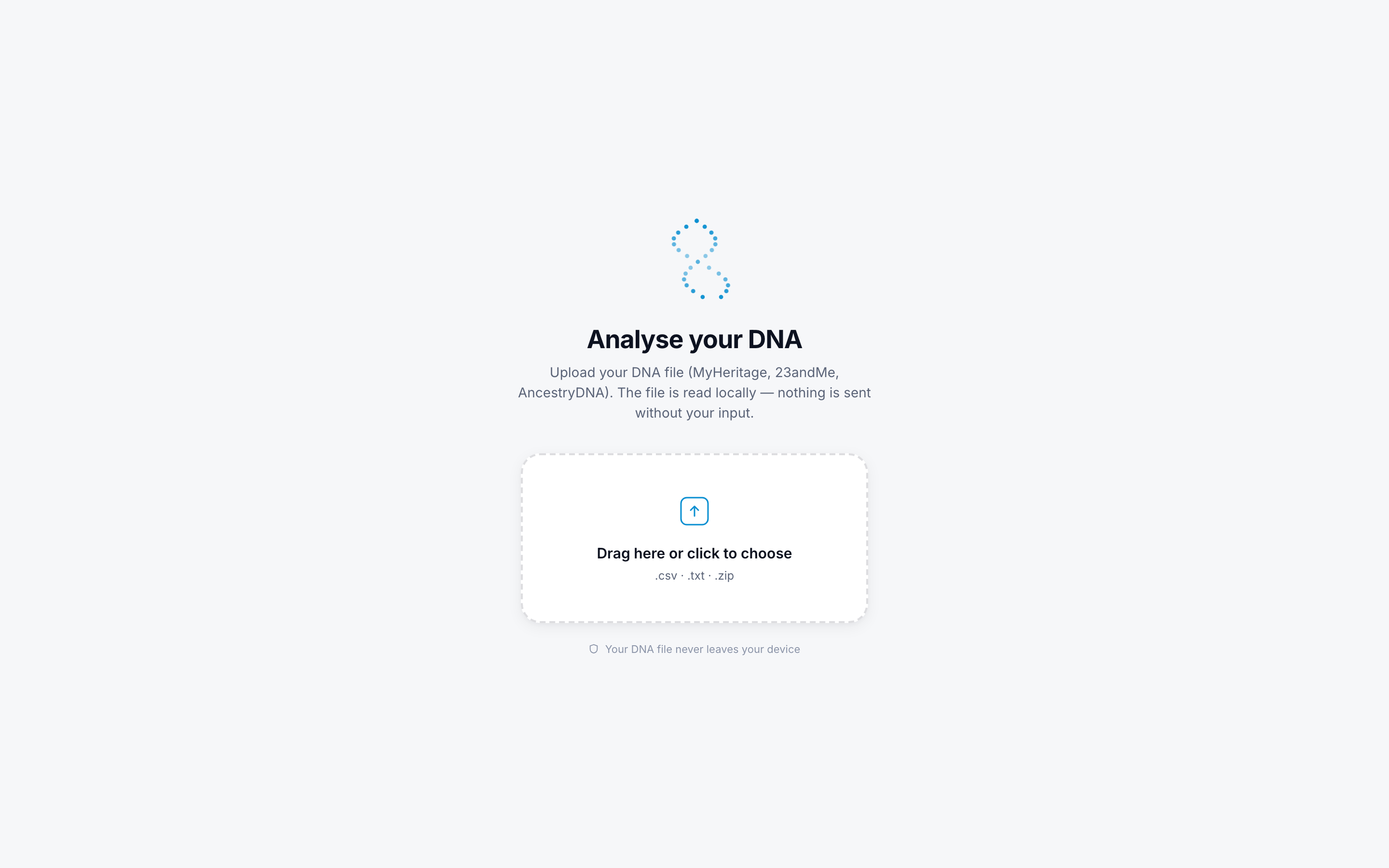 Uppladdningsvyn i DNAHelper: släpp din DNA-fil eller välj den lokalt